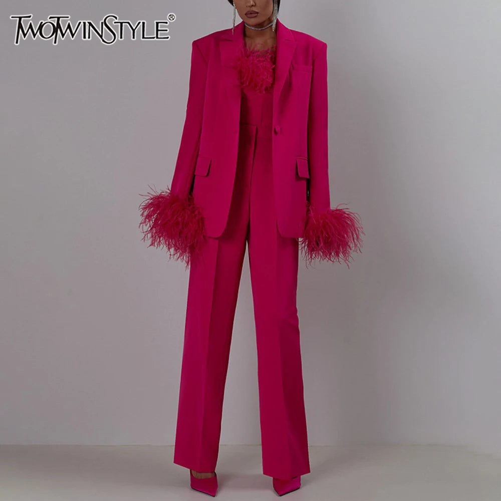 TWOTWINSTYLE Chic Two Piece Set For Women Notched Collar Long Sleeve Spliced Feathers Blazer High Waist Pant Elegant Sets Female