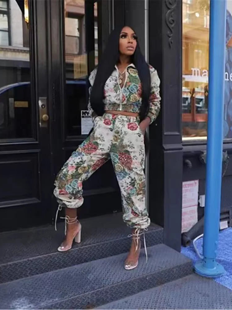 Street Tracksuit Two Piece Set Women Long Sleeves Zipper Jacket+High Waist Button Floral Print Wide Leg Cargo Pants Women Outfit