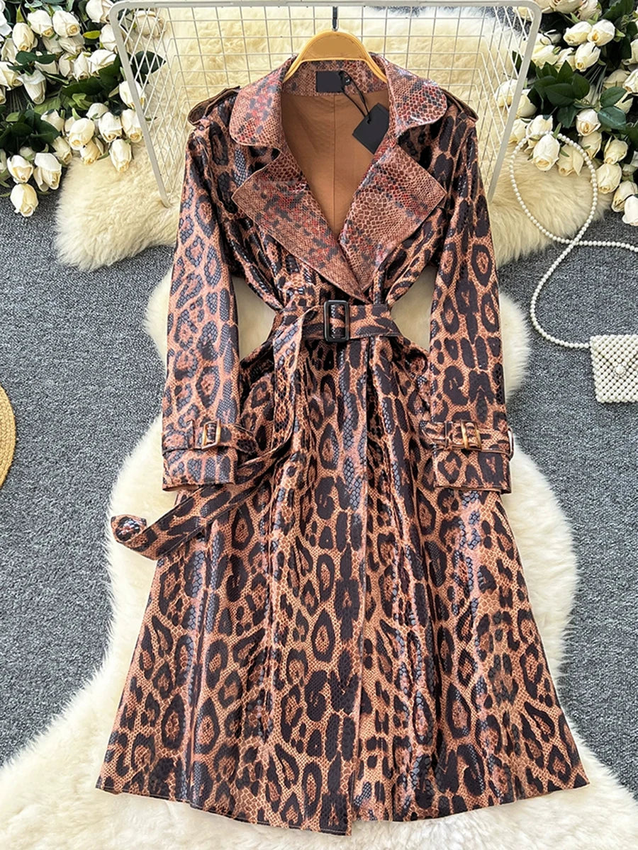 TWOTWINSTYLE Leopard Leather Trench For Women Lapel Long Sleeve Patchwork Belt Designer Loose Casual Overcoat Female KJA520159