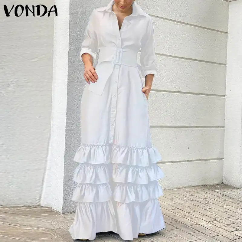 VONDA Autumn Elegant Shirt Dress 2023 Women Party Maxi Dresses Ladies Long Sleeve Solid Lapel Button Belted Elegant Long Vestido