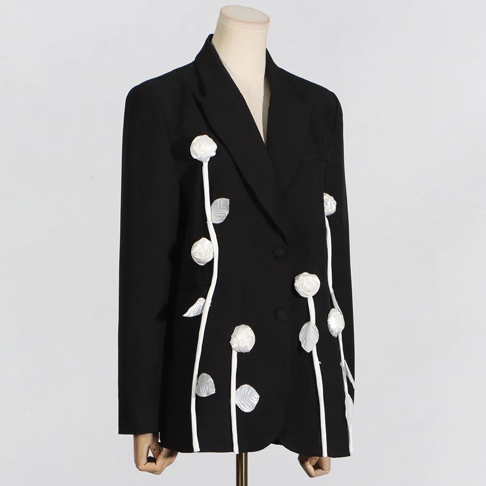 VGH Patchwork White Flower Slimming Blazer for Women Notched Collar Long Sleeve Spliced Button Designer Blazers Female Fashion