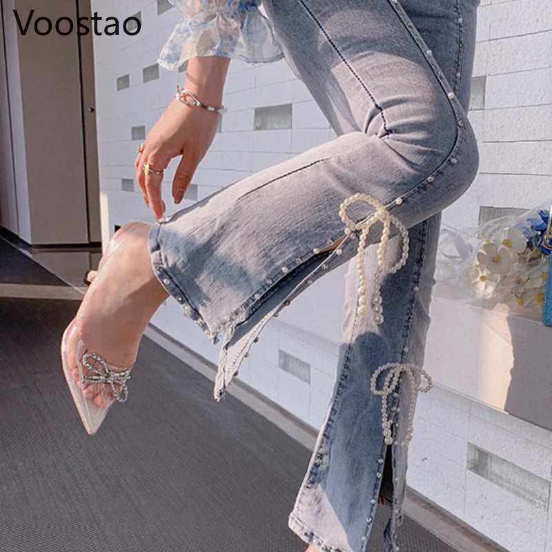 Spring Autumn Sweet High Waist Split Denim Pants Women Elegant Chic Beading Bowknot Boot Cut Pants Girls Vintage Fairy Jeans