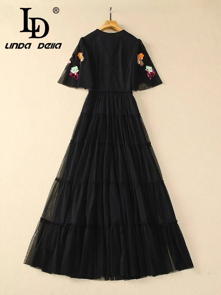 LD LINDA DELLA New 2024 Women Summer Fashion Runway Balck Party Dress Short Sleeve Flower Sequined Ladies Slim Long Dresses