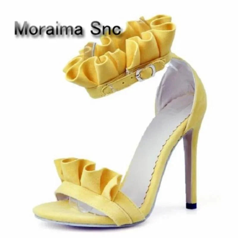 Moraima Snc Summer Women's Shoes Pink Yellow Dress Shoes Women Ruffles High Heels Sandals Women Size 44 Sapato Feminino