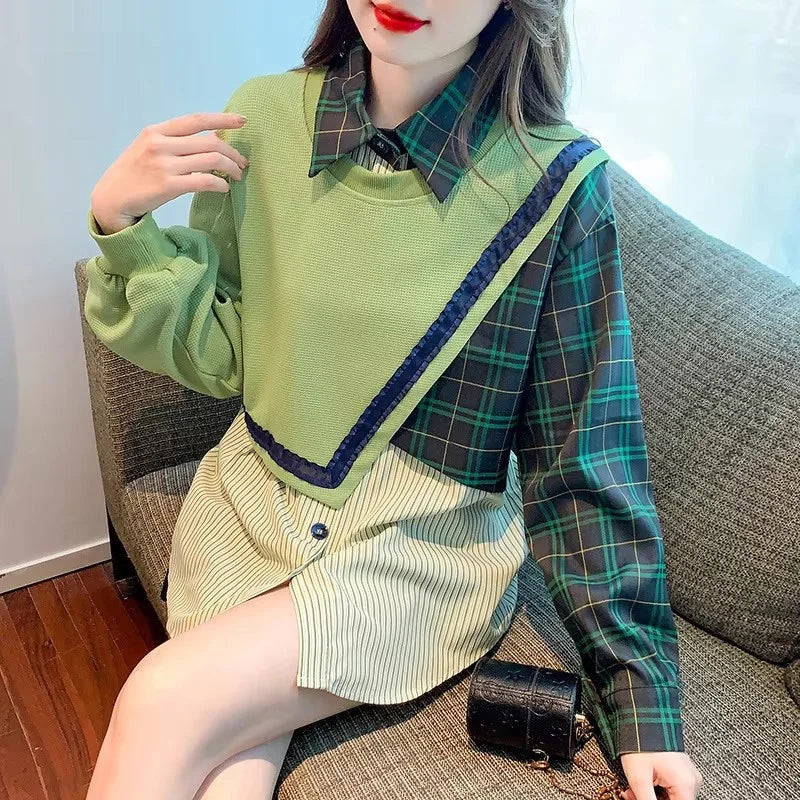 Spring Autumn Fashion Color Matching Fake Two-Piece Polo Neck Shirt Women's Korean Casual All-Match Chic Loose Blouse Female Top