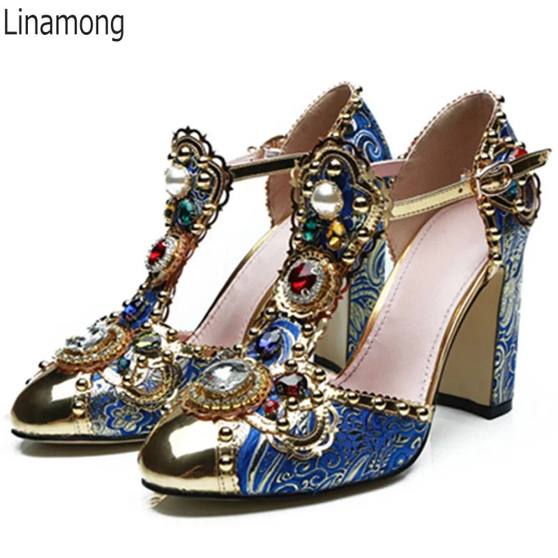 Luxury Multi Diamond Pearl Jeweled Pumps Blue Floral Jacquard T- Strap Chunky Heels Bling Golden toe  Mary Janes  Pumps Shoes