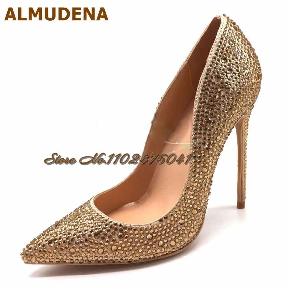 Almudena Silver Gold Full Crystal Bling Bling Wedding Shoes 12cm 10cm 8cm Stilettos Pointed Toe Shallow Pumps Rhinestone Heels