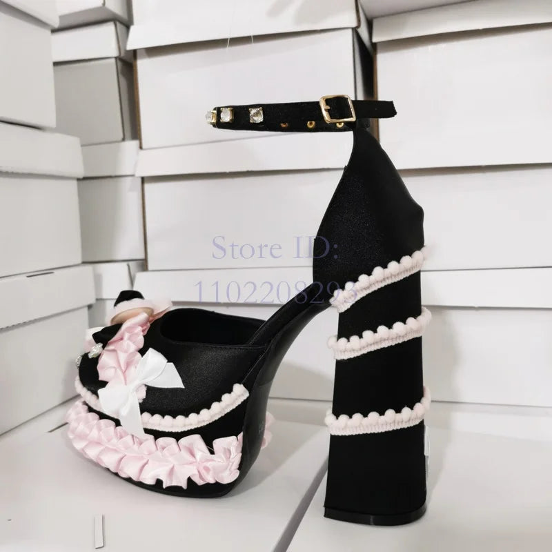 Sweet Pink Ruffles Chunky Heel Sandals Round Toe Platform Heart Crystal Ankle Buckle Strap Pumps Women Lolita Dress Shoes 2024