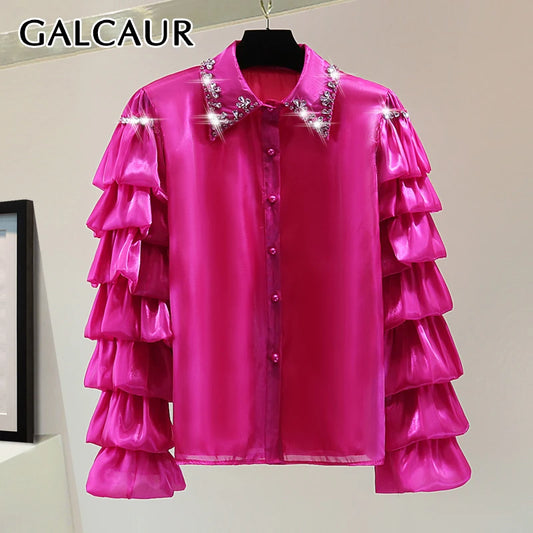 GALCAUR Solid Loose Spliced Diamonds Elegant Blouse For Women Lapel Long Sleeves Patchwork Folds Fashion Top Female Clothing New