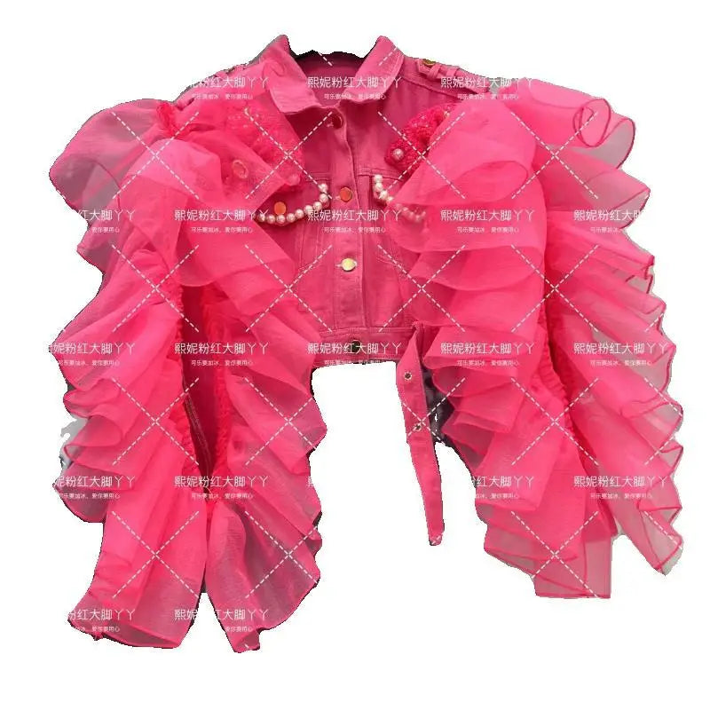 Chic Pearls Diamonds Beaded Denim Coat Mesh Splice Ruffles Sleeve Jeans Bomber Jacket 3D Bowtie Decor Gauze Ruched Cardigan Tops