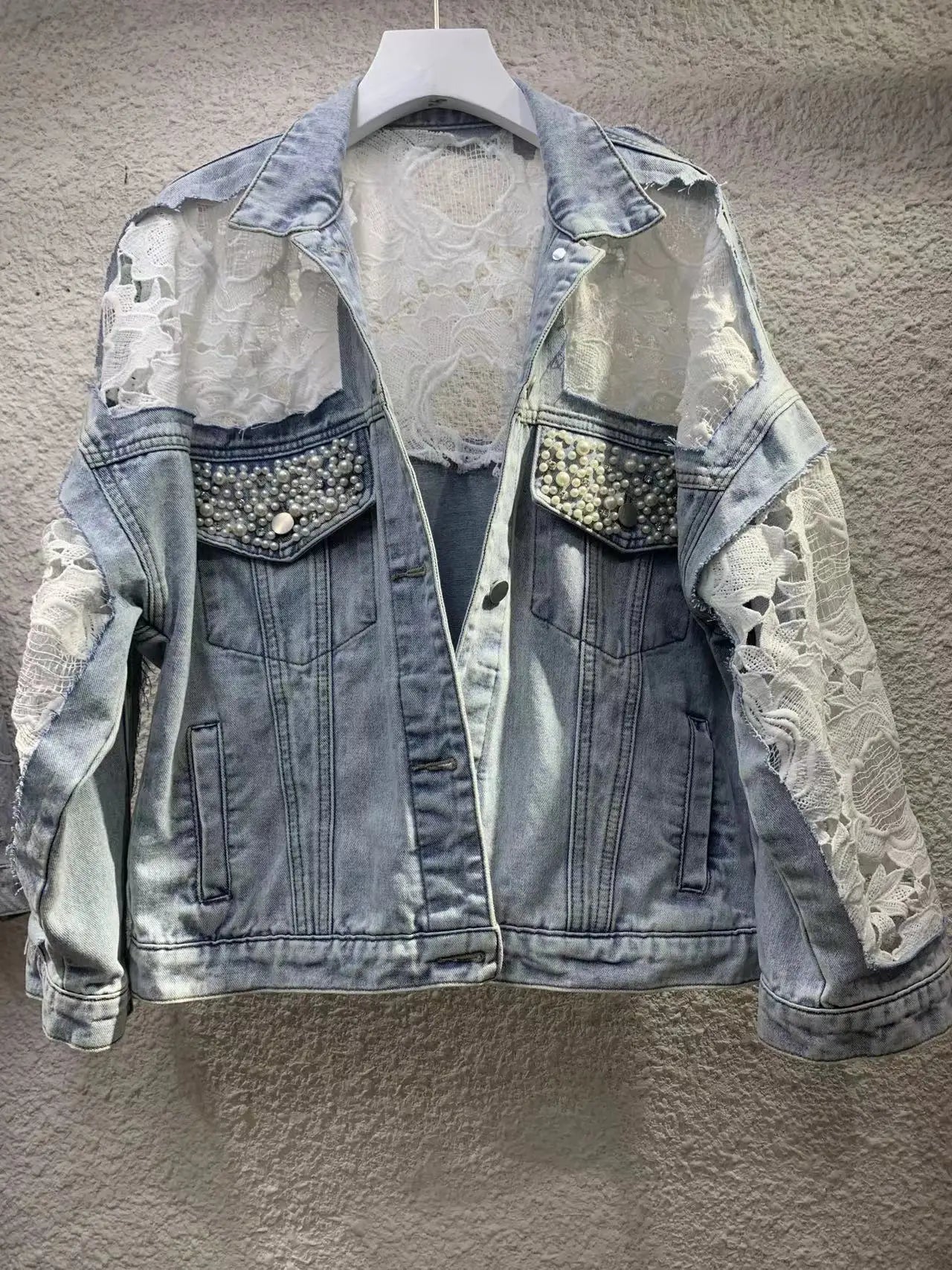 2024 Spring And Autumn New Loose And Versatile Mesh Perspective Lace Embroidery Beaded Short Denim Coat Women's Fashion Jackets