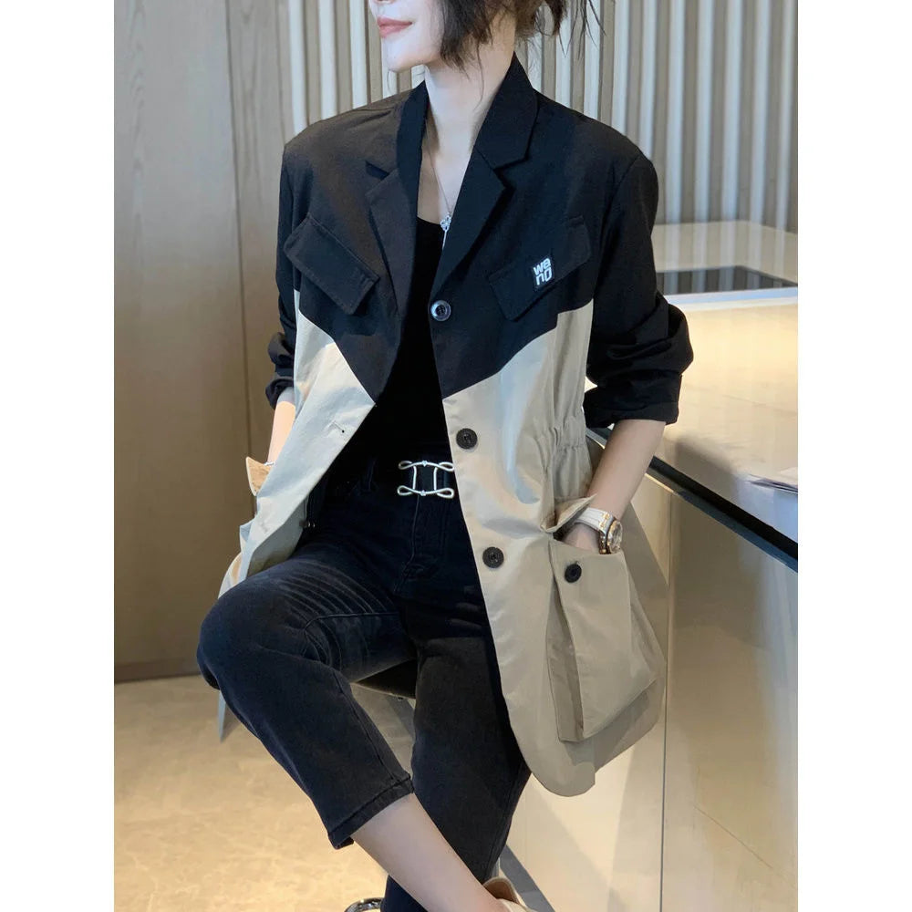 Fashion Splice Women's Suit Coat 2024 Spring Autumn The Waist Outerwear Female Casual Pocket Long Sleeve Blazers Jacket