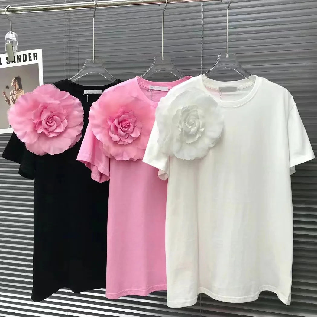 2024 Summer New In Cotton Tshirt Fashion Chic 3D Flower Short Sleeved T-shirt Women's Casual Tee Tops