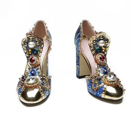 Luxury Multi Diamond Pearl Jeweled Pumps Blue Floral Jacquard T- Strap Chunky Heels Bling Golden toe  Mary Janes  Pumps Shoes