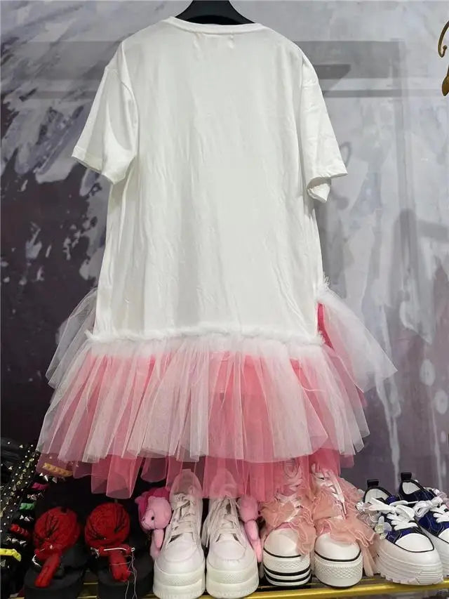 Chic Strawberry Embroidery Contrast Color Mesh Splice Ruffles T-shirt Dress Gauze Ruched Rainbow Skirt Tees Jumper Tops Vestido