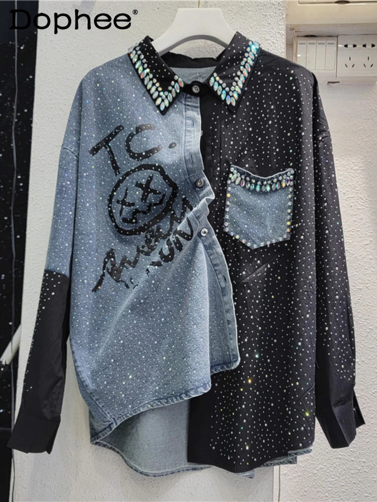 Fashion Colorblock Beaded Rhinestone Stitching Cowboy Black Blouse Women 2024 Spring New Loose Mid-Length Single-Brewed Shirt