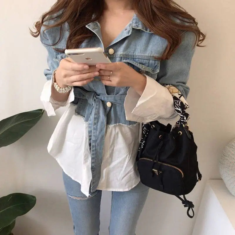 Wholesale South Korea 2024 Autumn Shirt Stitching Light-colored Old Two-piece Waist-strap Personalized Denim Jacket