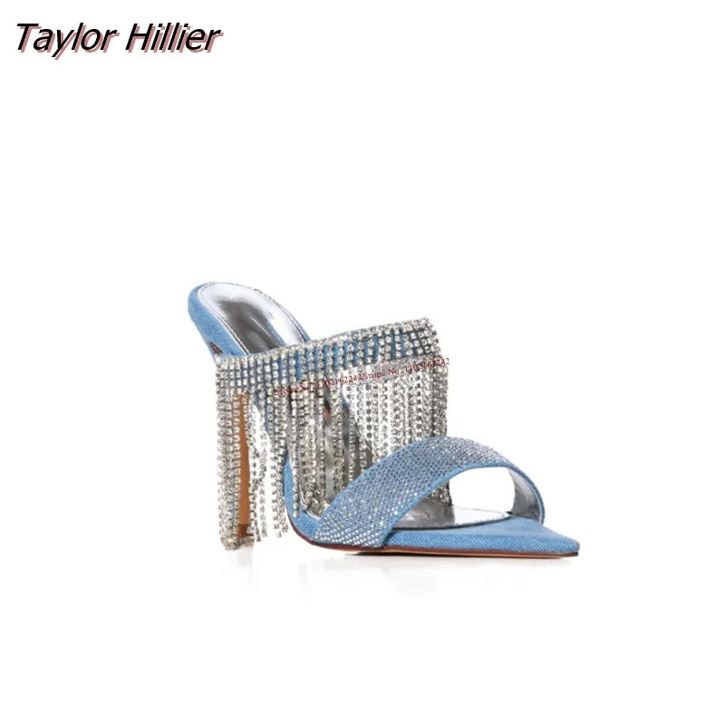 Summer New Pointed Tassel Rhinestone High-Heeled Slippers Fashion Open-Toed Temperament Party Casual Wear Blue Denim Sandals 46