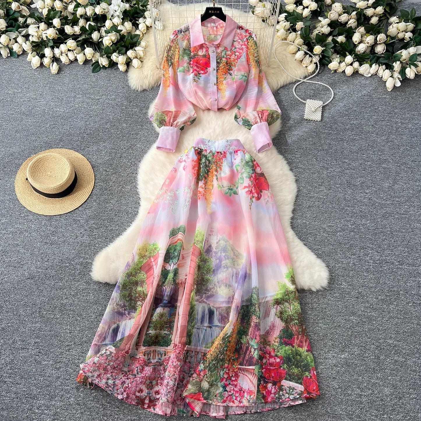 High Quality Women Summer Boho Floral Print Skirt Set Long Sleeve Blouse Top+High Waist Pleated Maxi Skirt Two Piece Suits