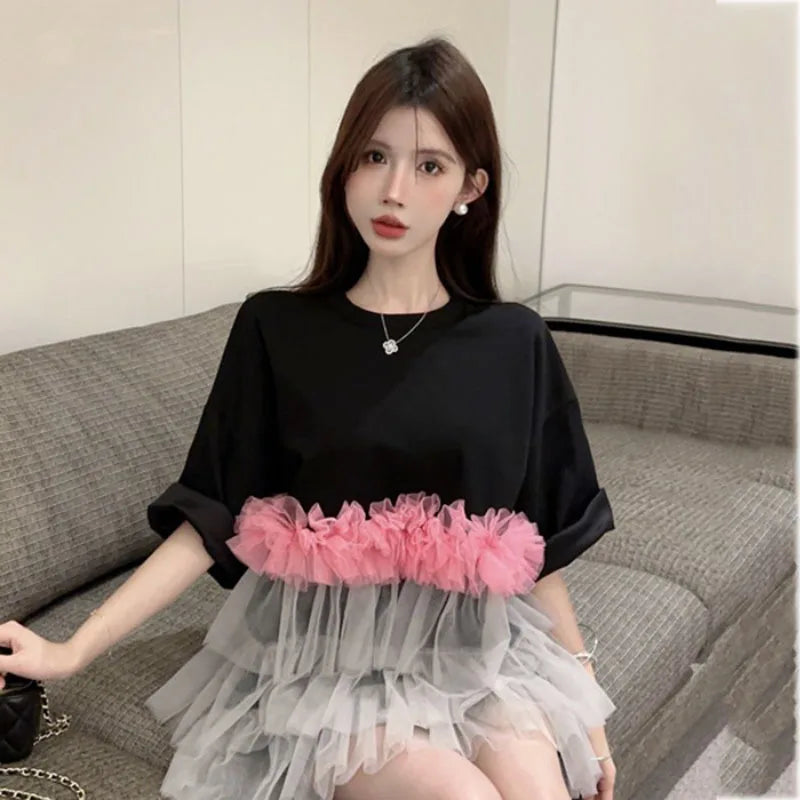 Spring Summer Women Mesh Spliced Ruffles T-shirts O-Neck Gauze Pleated Tees Mid Length Loose Contrast Color Jumpers Crop Tops