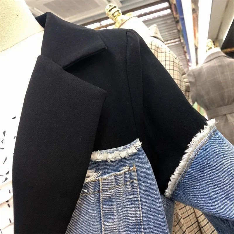 Spring 2025 Loose Blazer Stitching Denim Coat Irregular Single Breasted Color Block Jacket Female Fashion Coats 2A04505