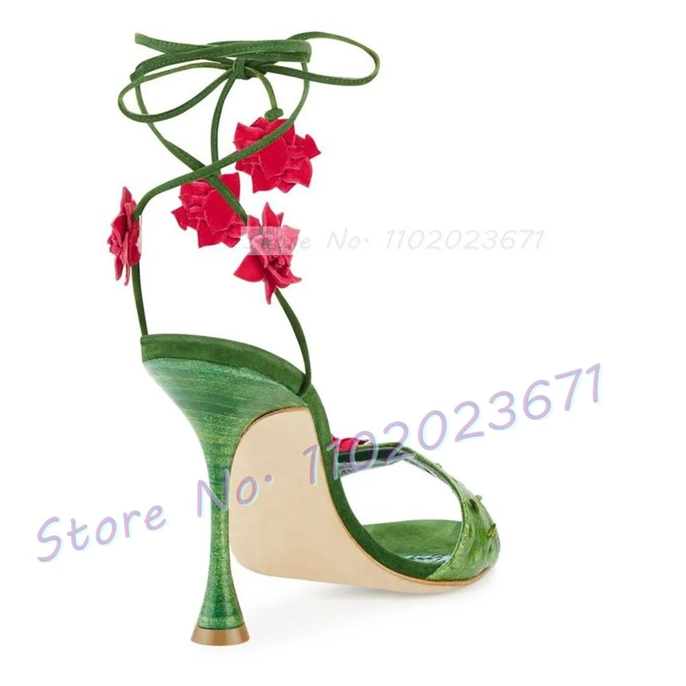 Red Flowers Lace-up Green Sandals Women Colorful Wine Glass Heels Luxury Sandals Forest Series Summer Chic Party Open Toe Shoes