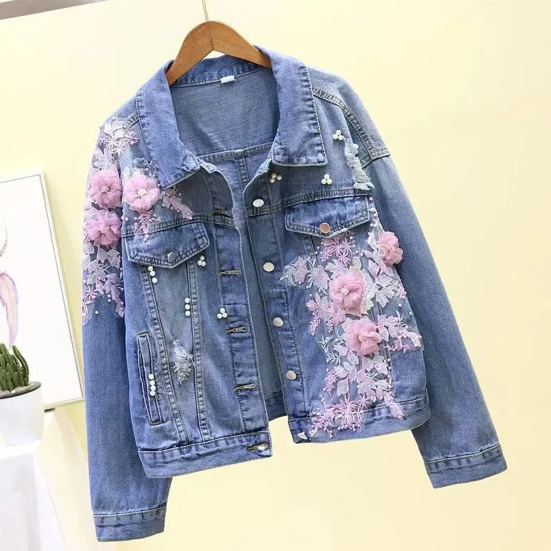 Fashion Women's Denim Jackets Korean Style Heavy Industry Embroidery Flower Hole Denim Coat Women Short Casual Jeans Jacket