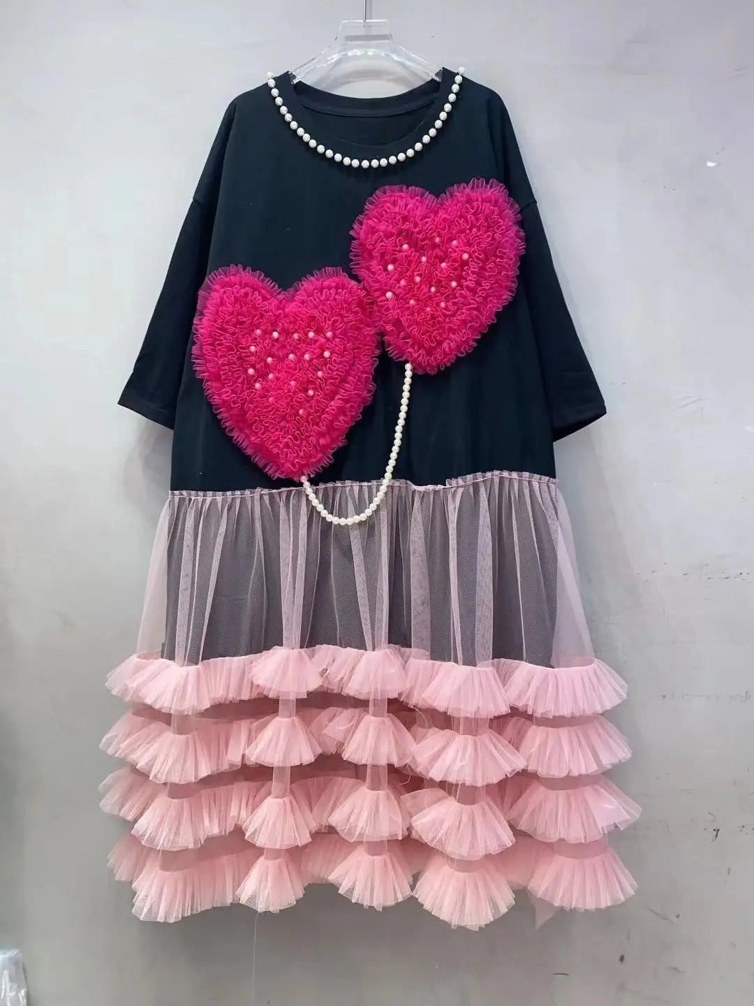 Chic Love Mesh Spliced Ruffles T-shirt Dress Pearls Beaded Chain Tassels Gauze Pleated Patchwork Tees Dress Jumpers Tops Vestido