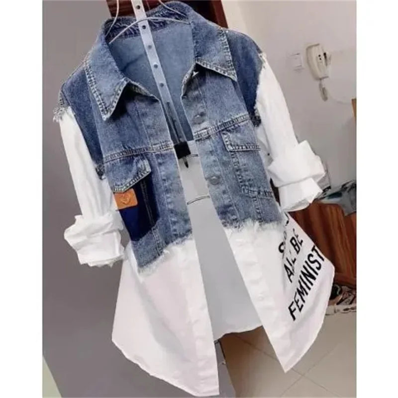 Spring/Summer 2024 New Fashion Striped Fake two Denim Shirts Women's Design Sense Stitching Women Jackets Temperament Coat Top