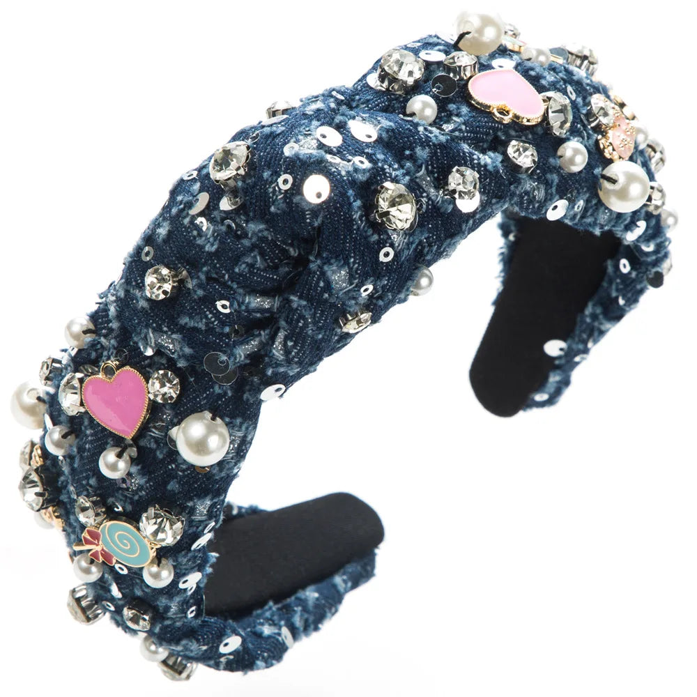 European and American New Denim Headband Hand-Stitched Pearl Rhinestone Crown Colored Loving Heart Knotted Hairband