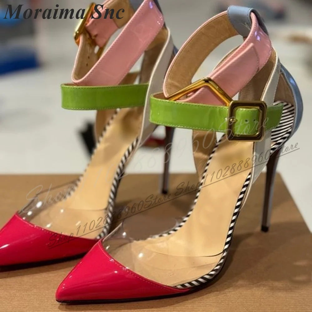 Trendy Mixed Splicing Candy Color Sandals Thin High Heel Women Shoes Ankle Buckle Strap Pointed Toe 2024 Zapatos Para Mujere