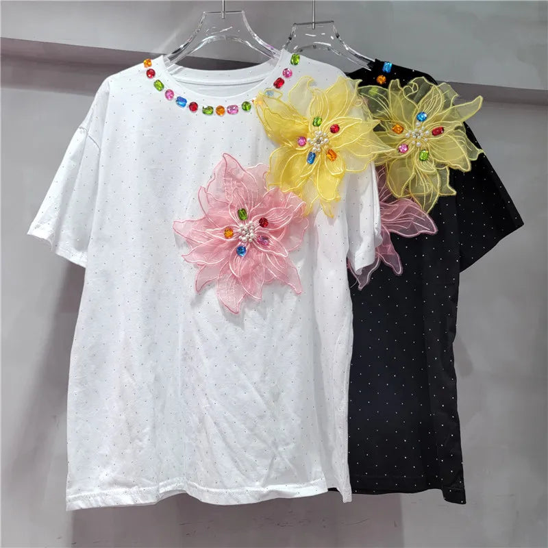 Women Hot Drilling Diamonds Beaded 3D Mesh Flowers Splicing T-shirts Rhinestones Sequined Tees Short Sleeved Jumpers Crop Tops