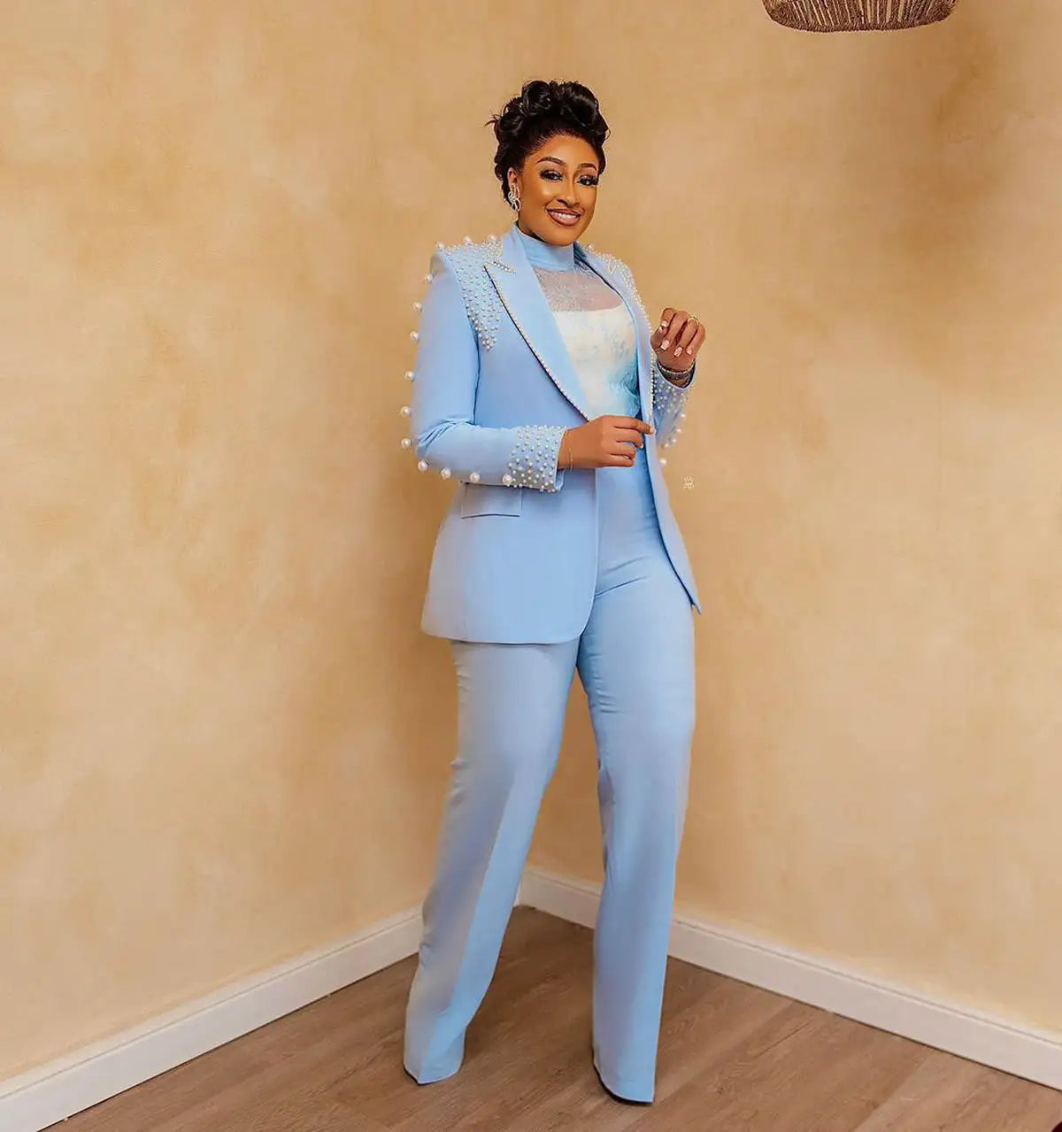 Sky Blue Women Pants Suit Plus Size Pearls Beading Lady Prom Evening Party  Blazer Sets Jacket Coat Custom Size 2 Pieces