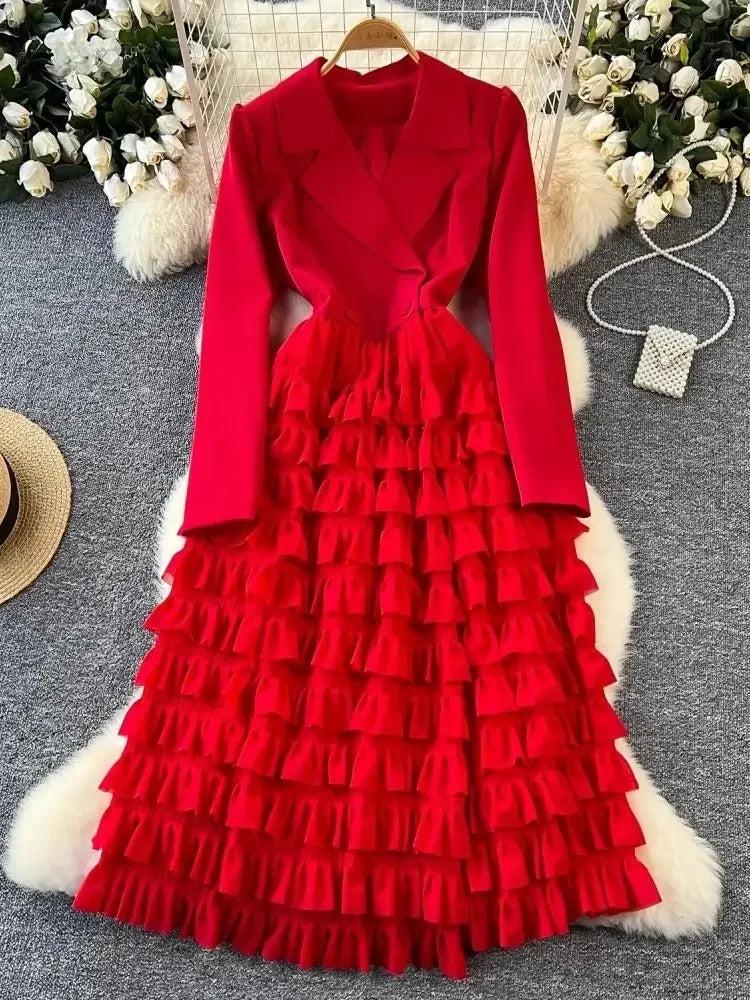 Women Vintage Evening Party Dress Spring Autumn Lapel Long Sleeve Patchwork Mesh Layered Dresses Ladies Elegant Long Robe