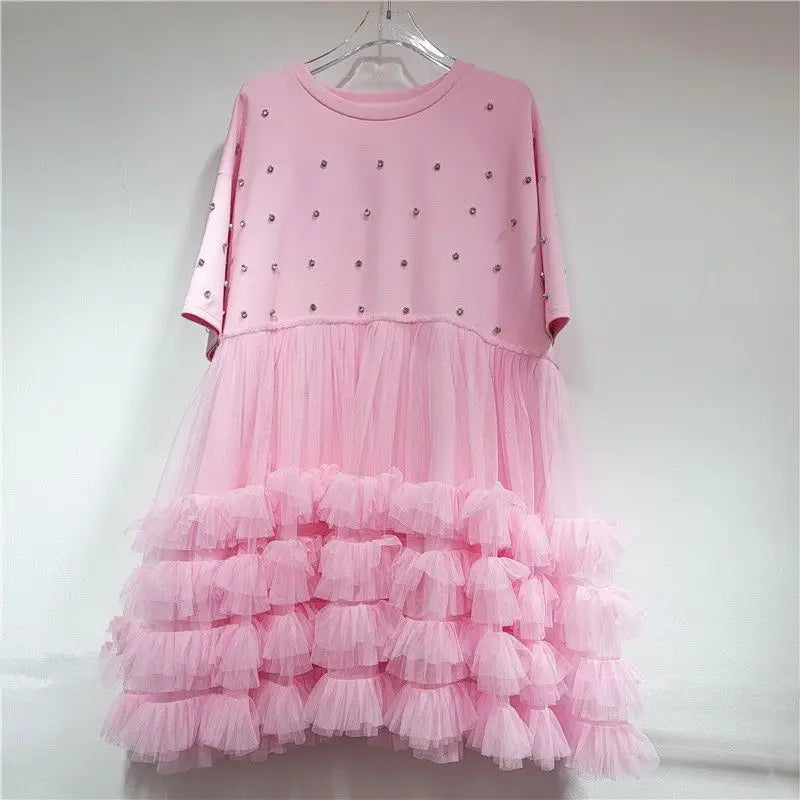 Original Design Elegant Diamonds Ball Gown Dress New Summer Cute Mesh Splicing Princess Top Age Reduction Mid-long T-shirt Dress