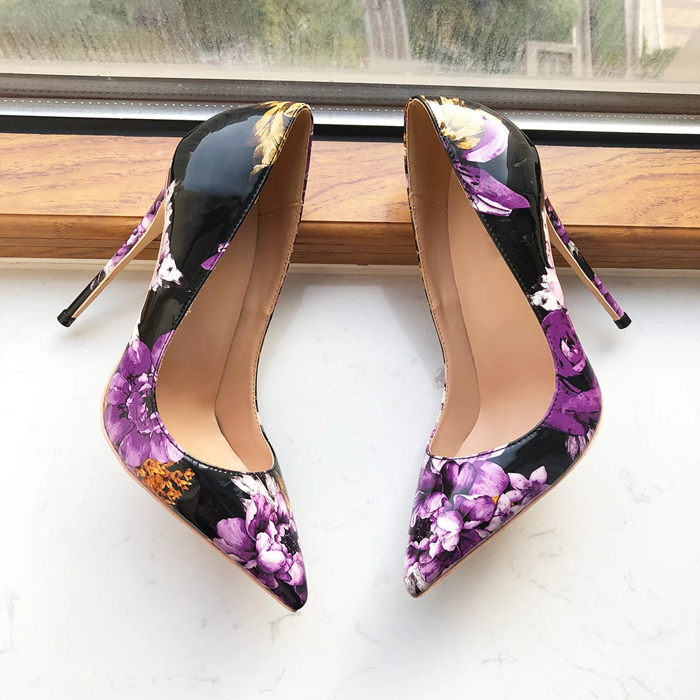 Tikicup Purple Flower Print Women Glossy Patent Pointy Toe 8-12cm High Heel Shoes Chic Floral Stiletto Pumps Large Size 43 44 45