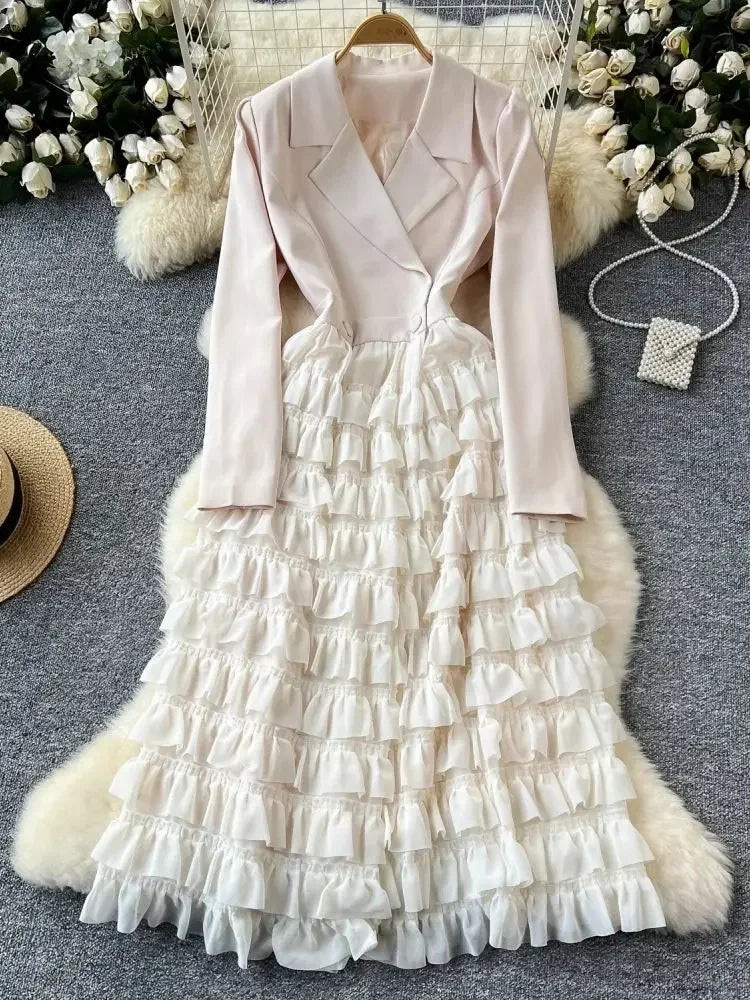 Women Vintage Evening Party Dress Spring Autumn Lapel Long Sleeve Patchwork Mesh Layered Dresses Ladies Elegant Long Robe