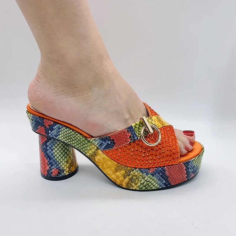 Fashionable Top Italian Designers 2023 Luxury Round Toe  Bright Diamond Snake Print Summer Women's Shoes With High Heels