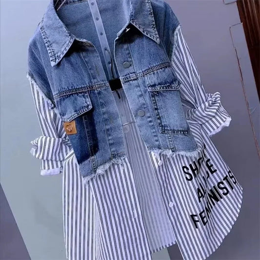 2025 New Spring/Summer Fashion Korean Striped Denim Shirt Jacket Women's Design Sense Stitching Women Jackets Temperament Coat