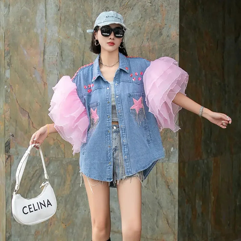 Mesh Splice 3D Ruffles Flowers Sleeve Denim Coat Stars Sequined Fringed Embroidery Jeans Bomber Jacket Tassels Gauze Cardigan