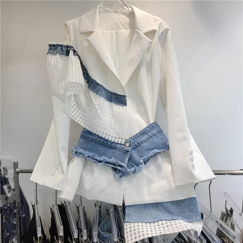 Heavy Industry Denim Splicing Blazer Women's 2024 New High-end Design Single Shoulder Hollow Loose Suit Coat Slimming Coats