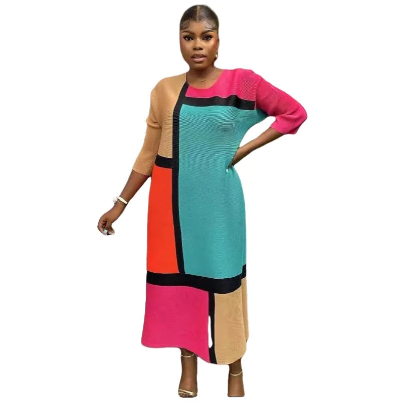 Fashion plus size foreign trade round neck color blocked loose elastic summer women's dress