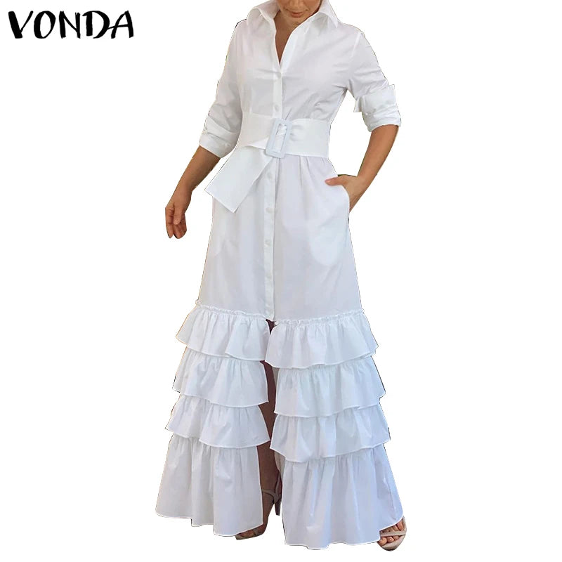 VONDA Autumn Elegant Shirt Dress 2023 Women Party Maxi Dresses Ladies Long Sleeve Solid Lapel Button Belted Elegant Long Vestido