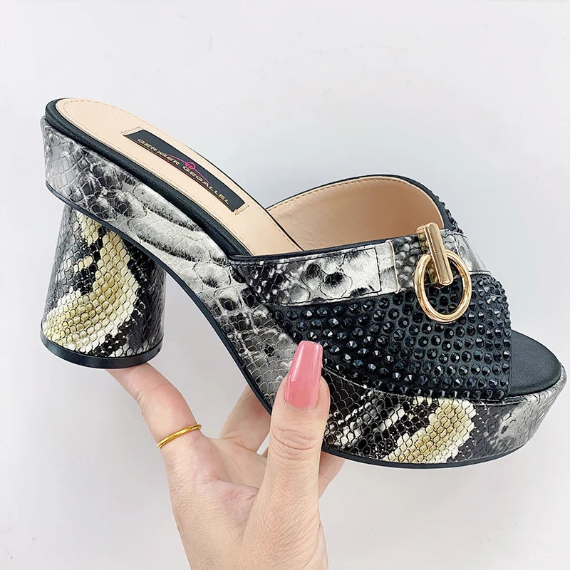 Fashionable Top Italian Designers 2023 Luxury Round Toe  Bright Diamond Snake Print Summer Women's Shoes With High Heels