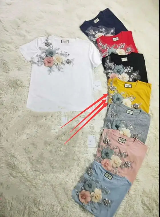 Women Heavy Work Embroidery 3D Flower Tshirts + Jeans 2pcs Clothing Sets Summer Casual Suits