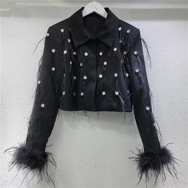 Women's 2025 Spring New Tops Diamond-encrusted Feather Tassels Nice Tailored Coat Splicing High-end Fashion Trendy Short Blazers