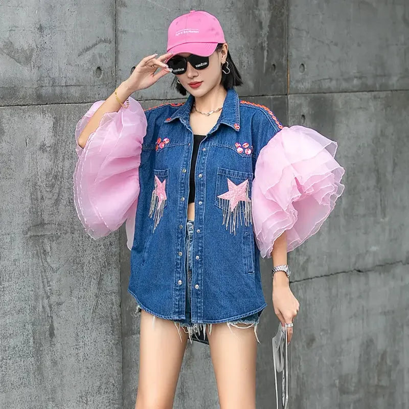 Mesh Splice 3D Ruffles Flowers Sleeve Denim Coat Stars Sequined Fringed Embroidery Jeans Bomber Jacket Tassels Gauze Cardigan