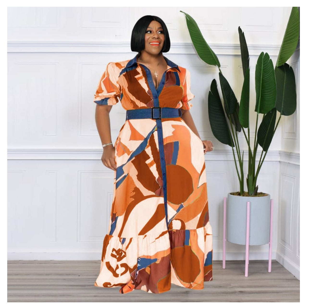 Color Printing Includes Belt Loose Plus Size Women's Clothing Dress