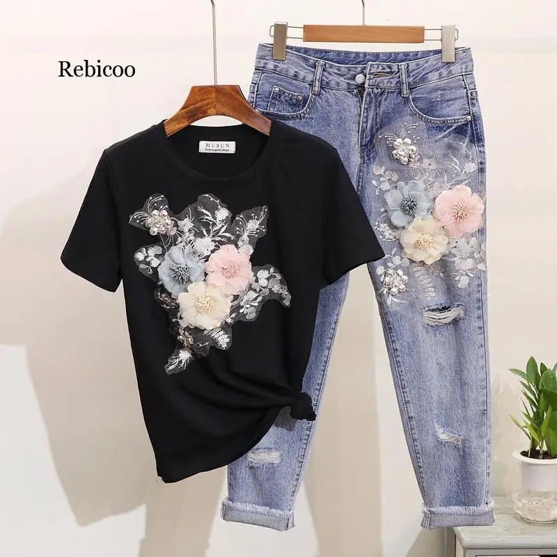 Women Heavy Work Embroidery 3D Flower Tshirts + Jeans 2pcs Clothing Sets Summer Casual Suits