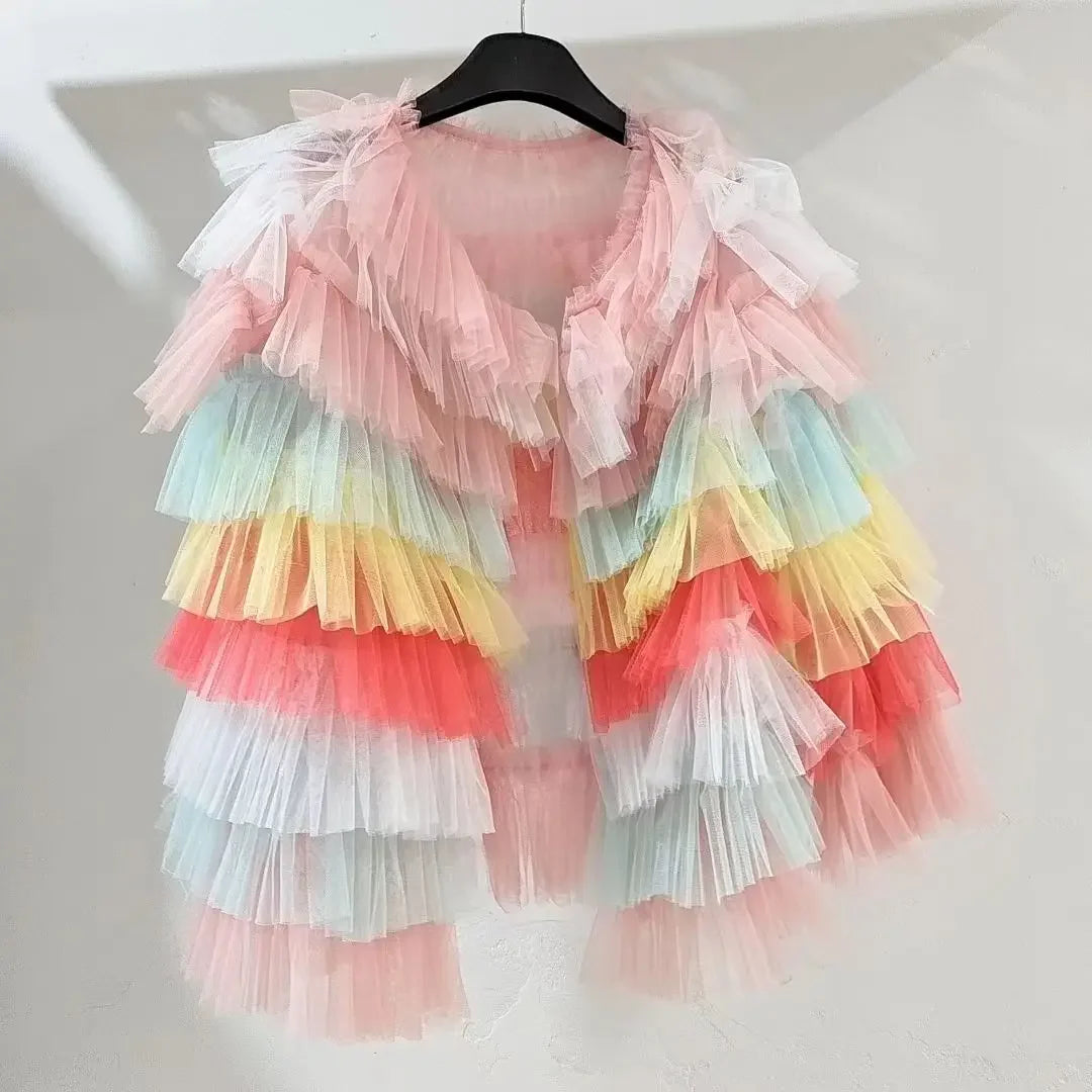 Mesh Patchwork Rainbow Ruffle Jacket – Multi-Layered Ruched Cardigan, Lightweight Spring Cardigan Trendy Stylish Layering Tiered